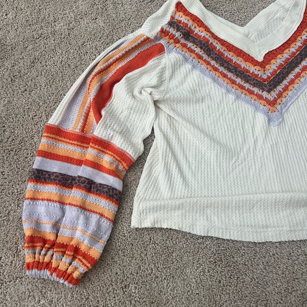Free People Cheetah and Orange V-Neck Sweater with Balloon Sleeves